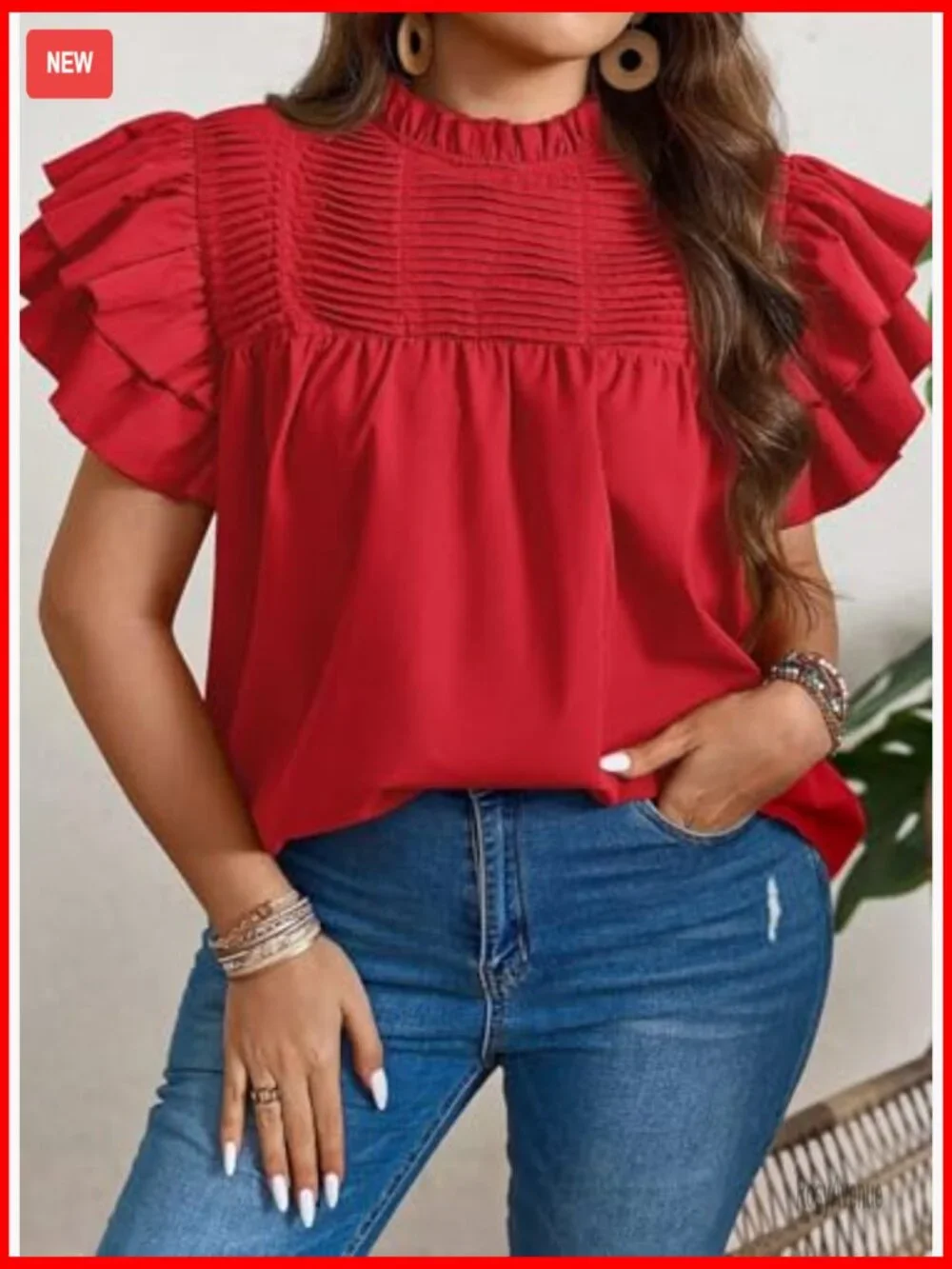 Women Summer Tops Plus Size Ruffle Sleeve Blouses Mock Neck Pleated Tunic Loose - Picture 2 of 7